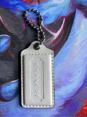 Coach White Leather Keychain Tag with Silver Ball Chain